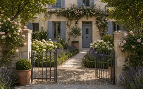 Visualisation conceptuelle illustrative de la scène simulée avec chemin calcaire, roses, lavande et plantations structurées