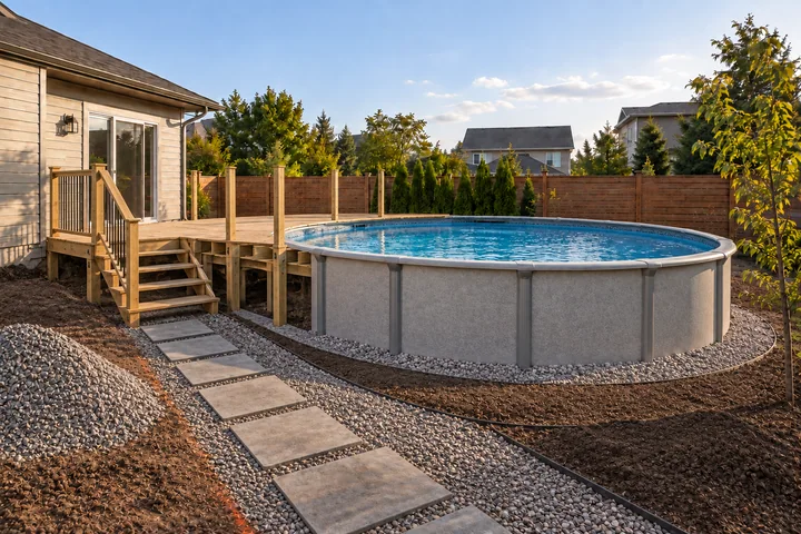 Above-ground pool deck garden: Structures and surfaces