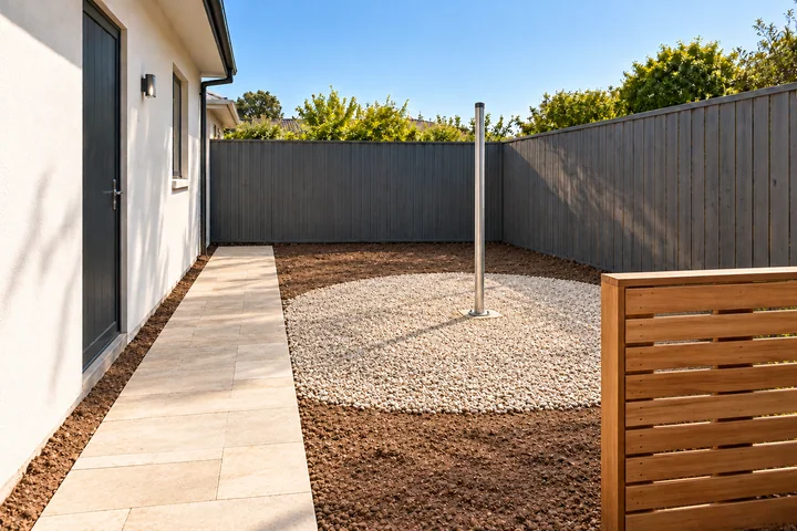 Clothesline side-yard garden: Path, screen and pole