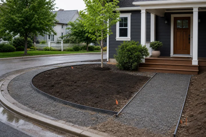 Corner rain garden entry: Base works