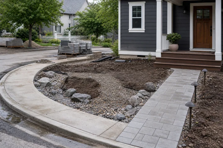 Corner rain garden entry: Structures and surfaces