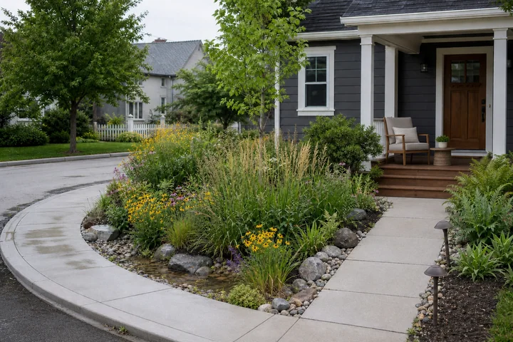Corner rain garden entry: Final styling