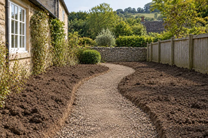 Cottage garden path and rose arch: Base works