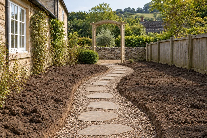 Cottage garden path and rose arch: Structures and surfaces