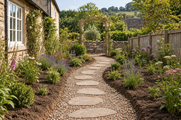 Cottage garden path and rose arch: Planting