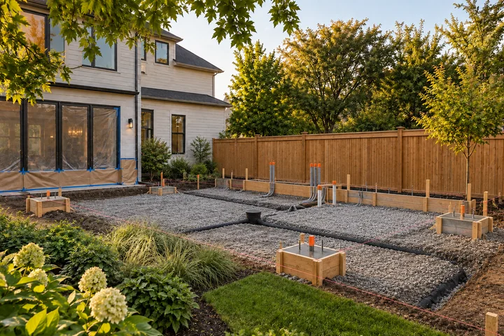 Covered outdoor kitchen patio: Base works