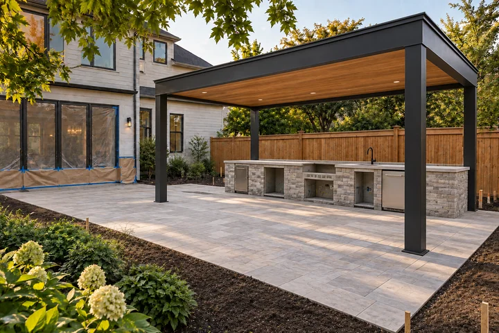 Covered outdoor kitchen patio: Structures and surfaces