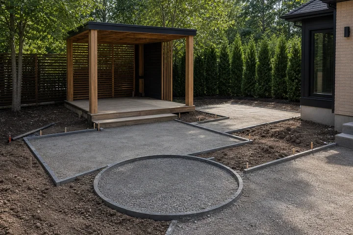Cozy gazebo fire backyard: Base works