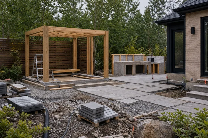 Cozy gazebo fire backyard: Structures and surfaces