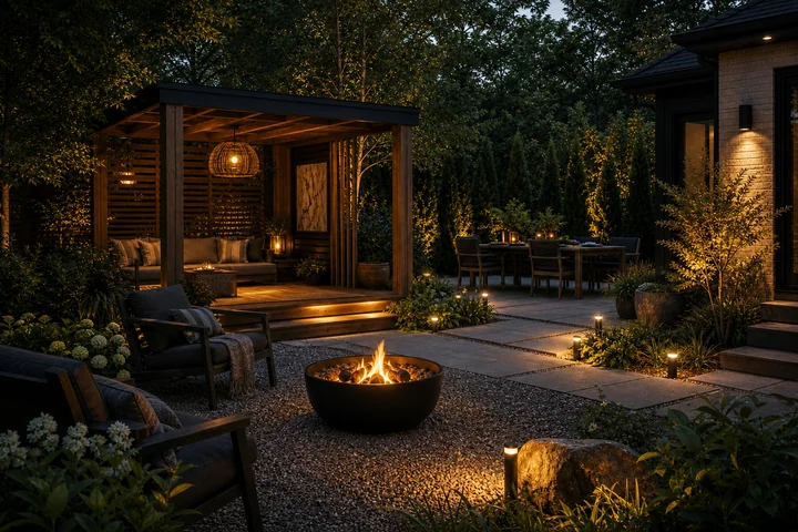Cozy gazebo fire backyard: Final styling