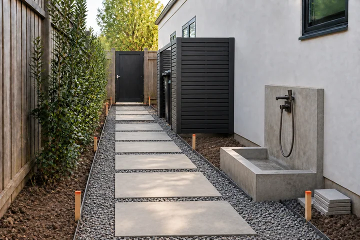 Dog rinse side yard: Structures and surfaces