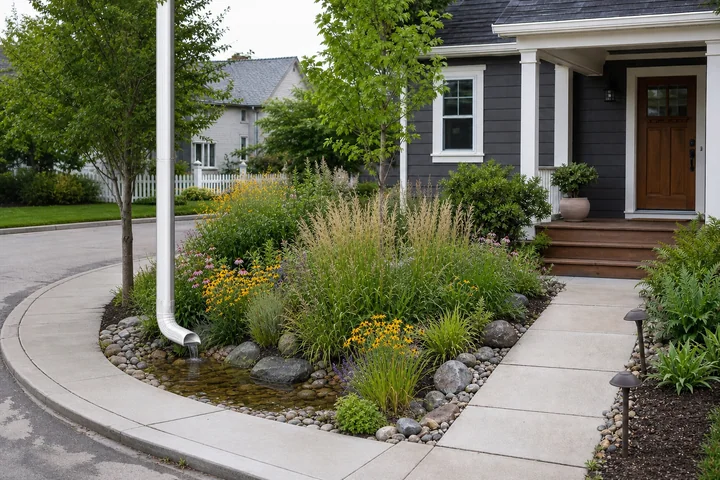 Compact downspout rain garden: Final styling