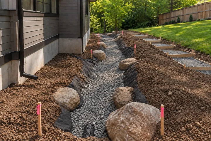 Dry creek drainage landscape: Base works