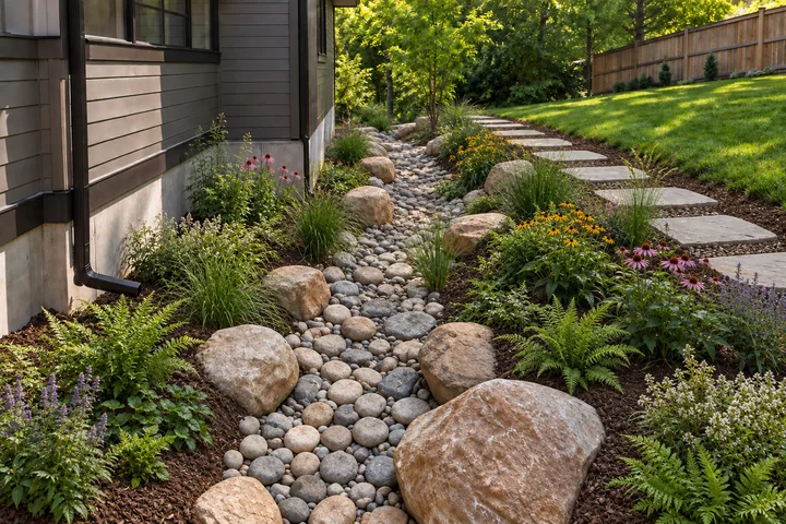 Dry creek drainage landscape: Planting