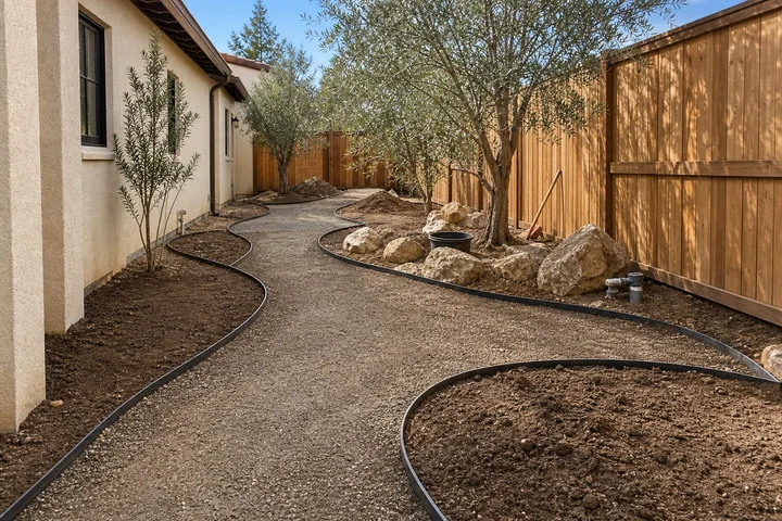 Dry Mediterranean side yard: Base works