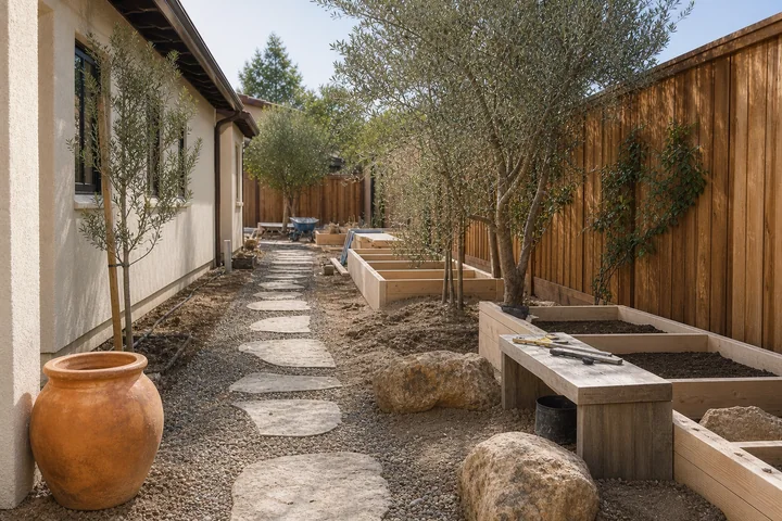 Dry Mediterranean side yard: Structures and surfaces