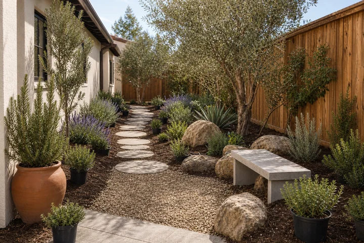 Dry Mediterranean side yard: Planting
