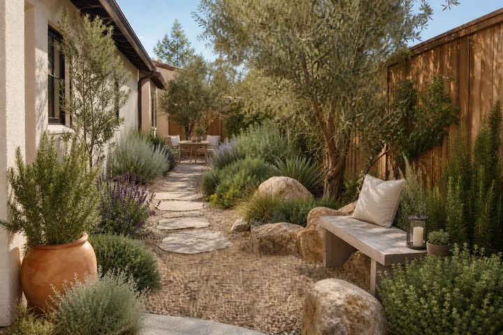 Dry Mediterranean side yard: Final styling