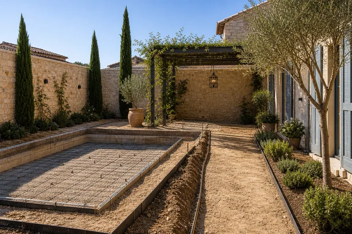 French pool courtyard: Base works