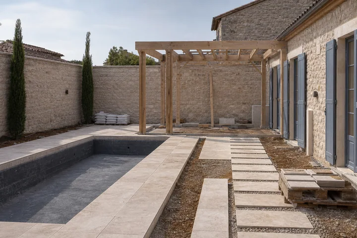 French pool courtyard: Structures and surfaces