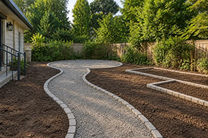 Greenhouse kitchen garden path: Base works