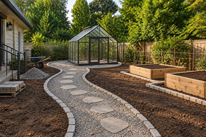 Greenhouse kitchen garden path: Structures and surfaces