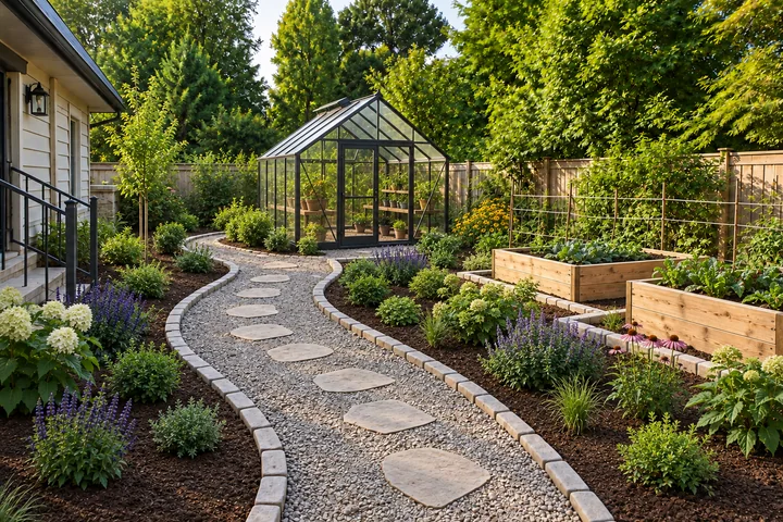 Greenhouse kitchen garden path: Planting