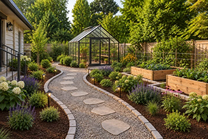 Greenhouse kitchen garden path: Final styling