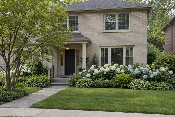Hydrangea shade foundation garden: Final styling