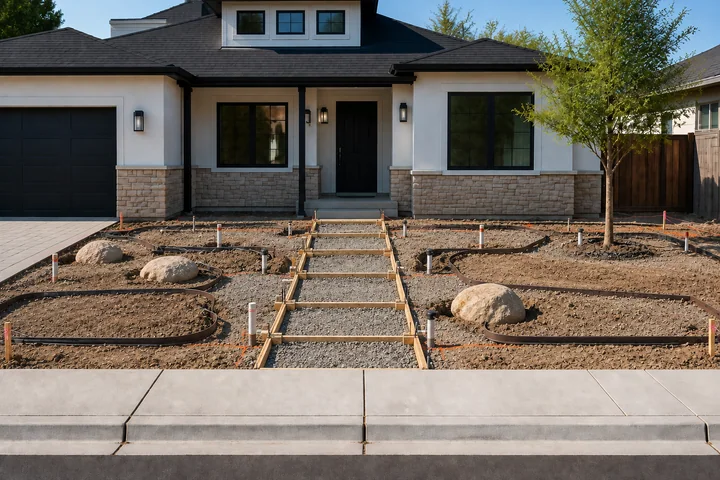 Low-maintenance front yard without grass: Base works