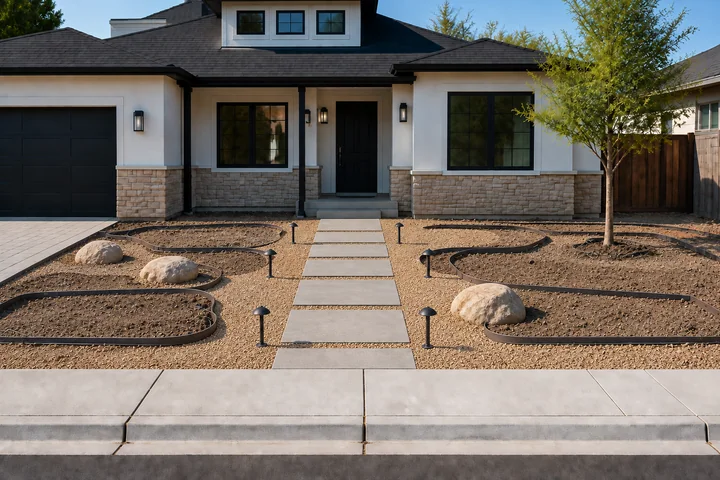 Low-maintenance front yard without grass: Structures and surfaces