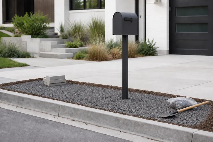 Low-mow mailbox strip: Structures and surfaces