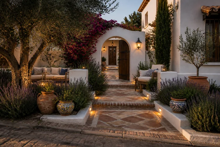 Mediterranean lavender front courtyard: Final styling