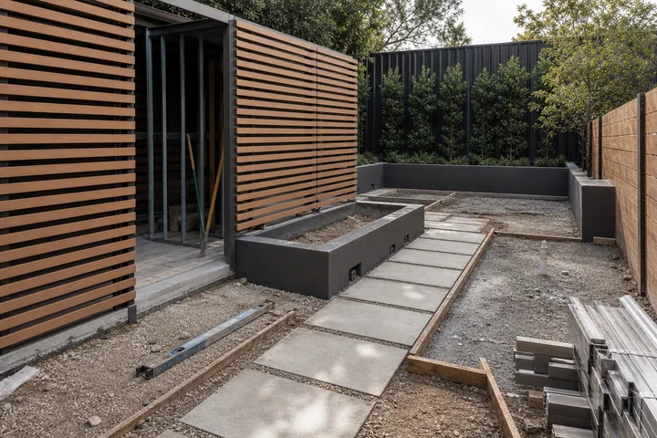 Minimal dog-friendly courtyard: Structures and surfaces