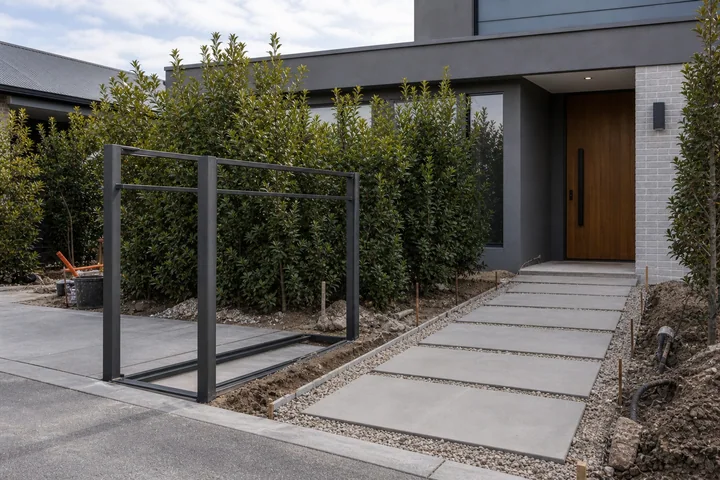 Modern driveway front yard: Structures and surfaces