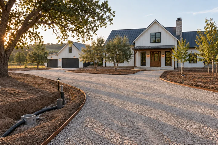 Modern farmhouse driveway garden: Structures and surfaces