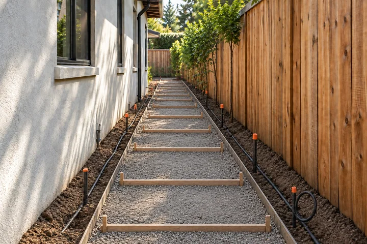 Narrow side yard stepping-stone garden: Base works
