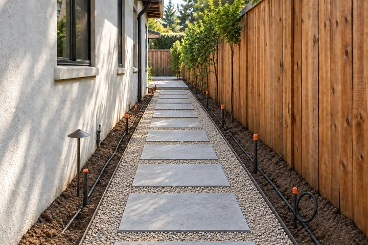 Narrow side yard stepping-stone garden: Structures and surfaces