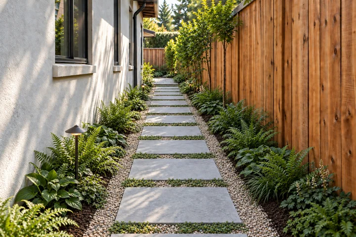 Narrow side yard stepping-stone garden: Planting