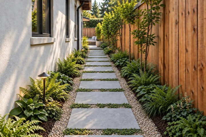 Narrow side yard stepping-stone garden: Final styling