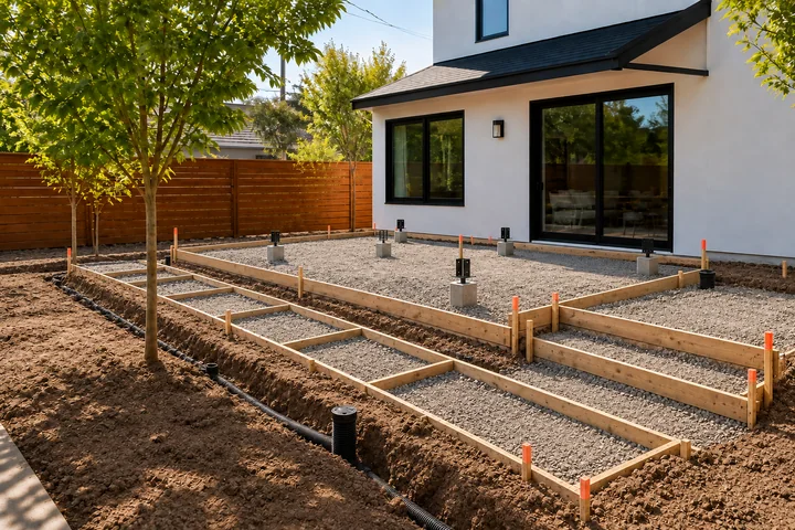 No-grass backyard deck and groundcover: Base works