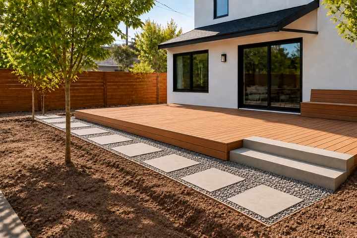 No-grass backyard deck and groundcover: Structures and surfaces