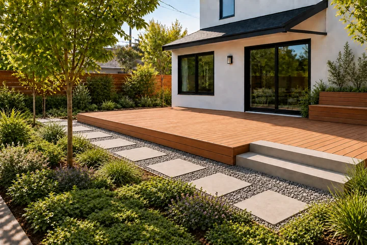 No-grass backyard deck and groundcover: Planting