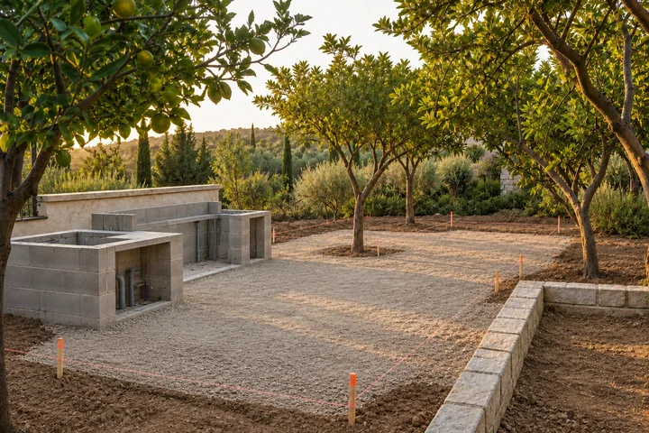 Outdoor kitchen orchard terrace: Base works