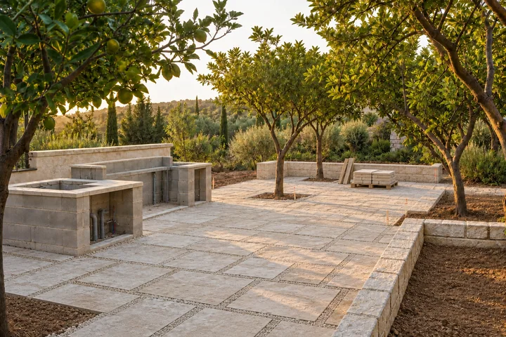 Outdoor kitchen orchard terrace: Structures and surfaces