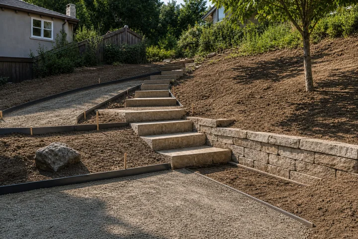 Planted slope steps backyard: Base works