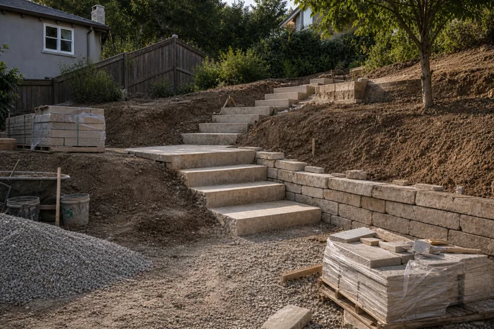 Planted slope steps backyard: Structures and surfaces