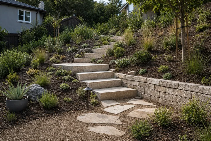 Planted slope steps backyard: Planting