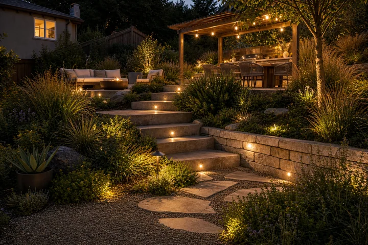 Planted slope steps backyard: Final styling