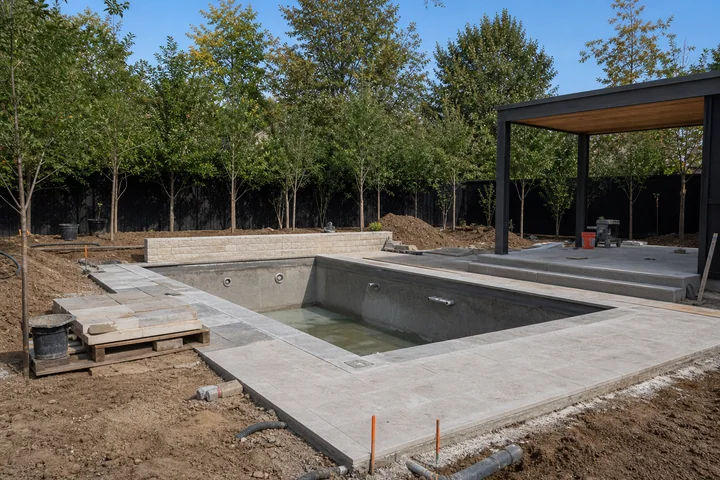 Pool cabana backyard concept: Structures and surfaces